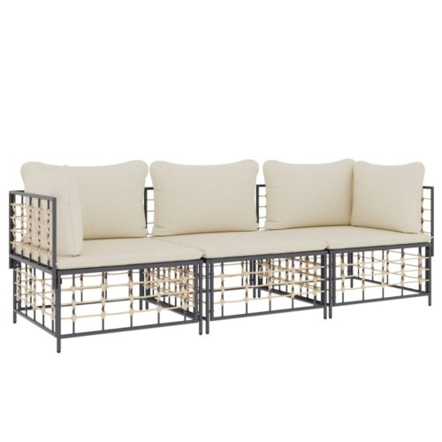 3-Piece Garden Lounge Set with Cushions Anthracite Poly Rattan - Image 3