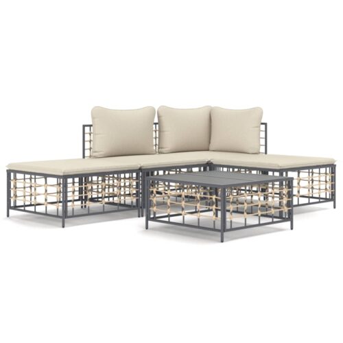 5-Piece Garden Lounge Set with Cushions Anthracite Poly Rattan