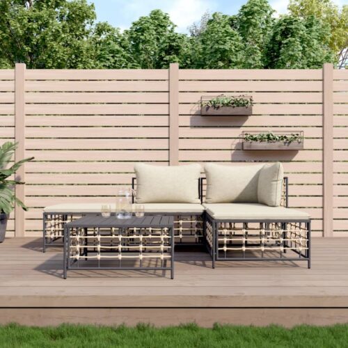 5-Piece Garden Lounge Set with Cushions Anthracite Poly Rattan - Image 2