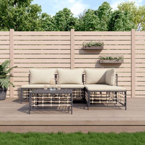 5-Piece Garden Lounge Set with Cushions Anthracite Poly Rattan - Image 2