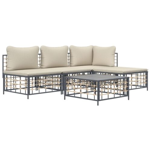 5-Piece Garden Lounge Set with Cushions Anthracite Poly Rattan - Image 3