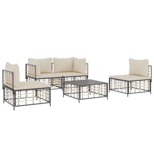 5-Piece Garden Lounge Set with Cushions Anthracite Poly Rattan - Image 3