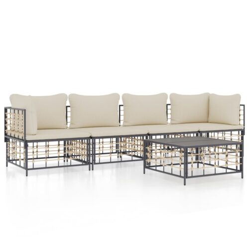 5-Piece Garden Lounge Set with Cushions Anthracite Poly Rattan