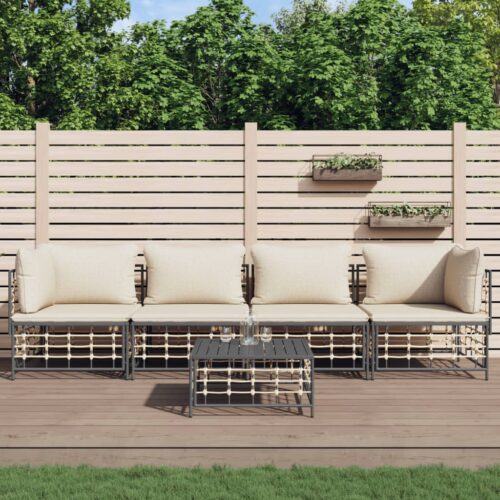 5-Piece Garden Lounge Set with Cushions Anthracite Poly Rattan - Image 2