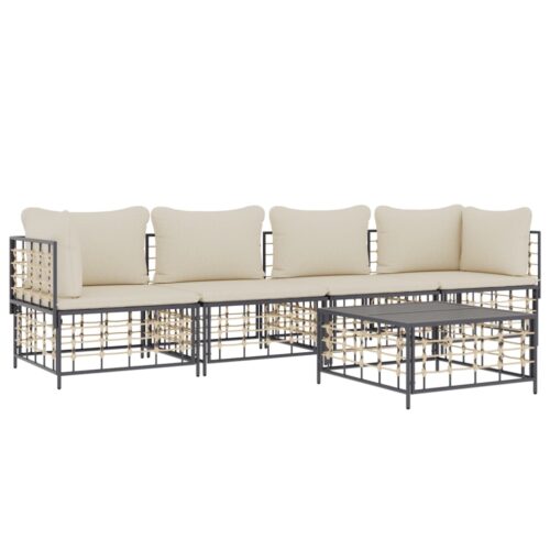 5-Piece Garden Lounge Set with Cushions Anthracite Poly Rattan - Image 3