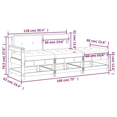 3-Piece Garden Lounge Set with Cushions Solid Wood Douglas - Image 10