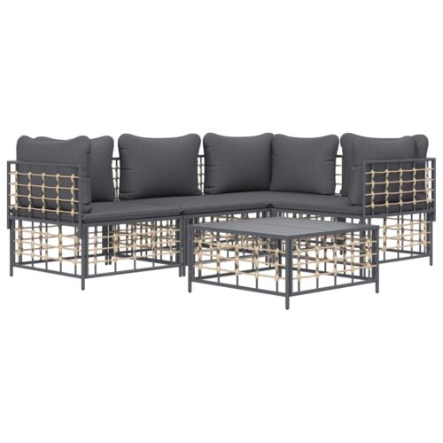 5-Piece Garden Lounge Set with Cushions Anthracite Poly Rattan - Image 3