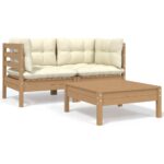 3-Piece Garden Lounge Set with Cream Cushions Solid Pinewood