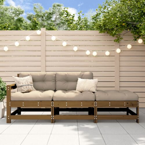 3-Piece Garden Lounge Set with Cushions Honey Brown Solid Wood - Image 2