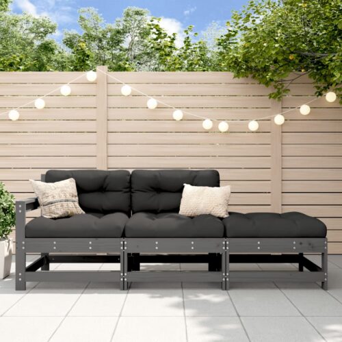3-Piece Garden Lounge Set with Cushions Grey Solid Wood - Image 2