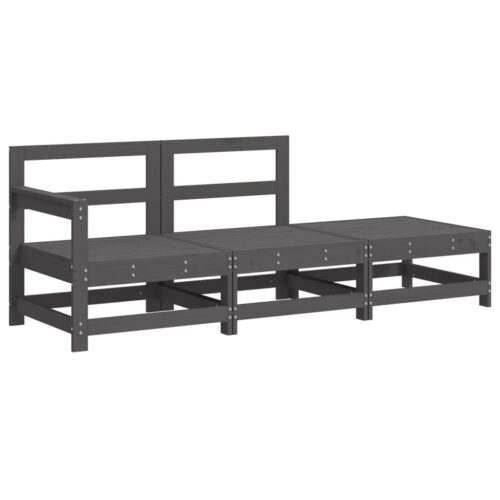 3-Piece Garden Lounge Set with Cushions Grey Solid Wood - Image 4