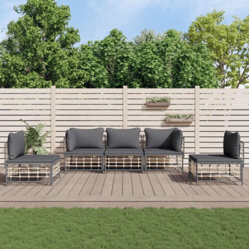 5-Piece Garden Lounge Set with Cushions Anthracite Poly Rattan - Image 2