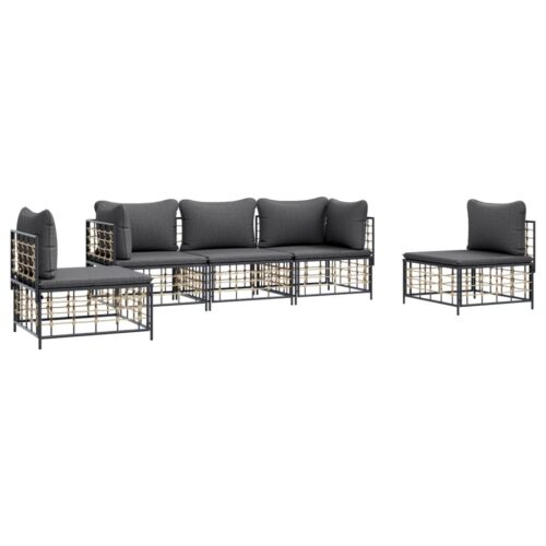 5-Piece Garden Lounge Set with Cushions Anthracite Poly Rattan - Image 3