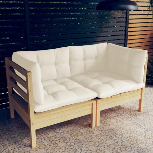 2-Seater Garden Sofa with Cream Cushions Solid Wood Pine - Image 2