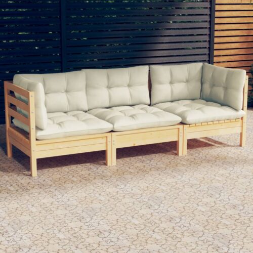 3-Seater Garden Sofa with Cream Cushions Solid Pinewood - Image 2