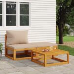 3-Piece Outdoor Sofa Set Garden Patio Lounge Chairs Ottoman Table Solid Acacia Wood