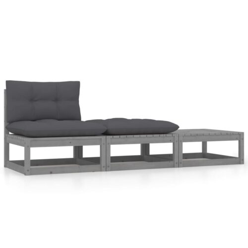 3-Piece Garden Lounge Set with Cushions Grey Solid Pinewood