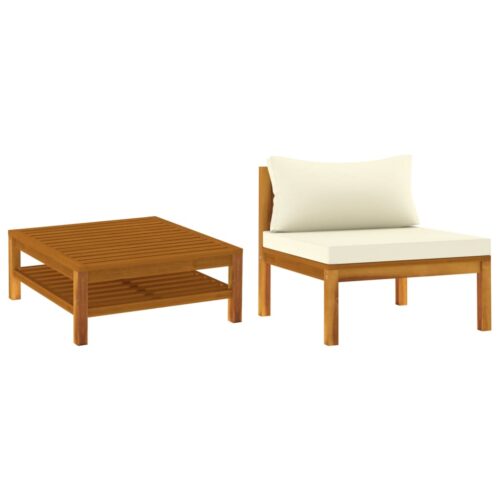 2-Piece Garden Sofa Set with Cream White Cushions Acacia Wood