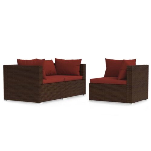 3-Piece Garden Lounge Set with Cushions Brown Poly Rattan