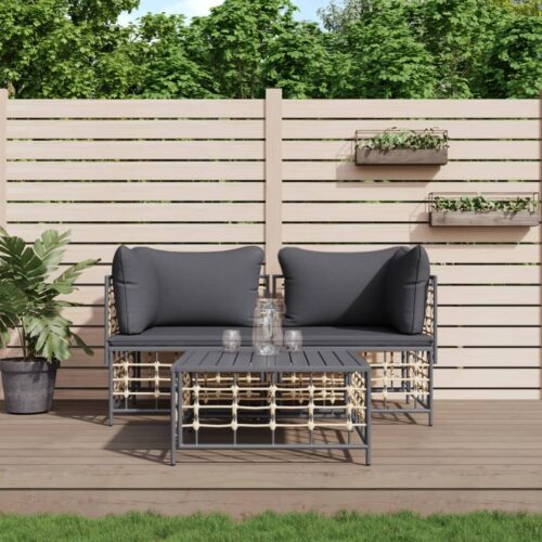 3-Piece Garden Lounge Set with Cushions Anthracite Poly Rattan - Image 2