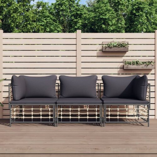 3-Piece Garden Lounge Set with Cushions Anthracite Poly Rattan - Image 2