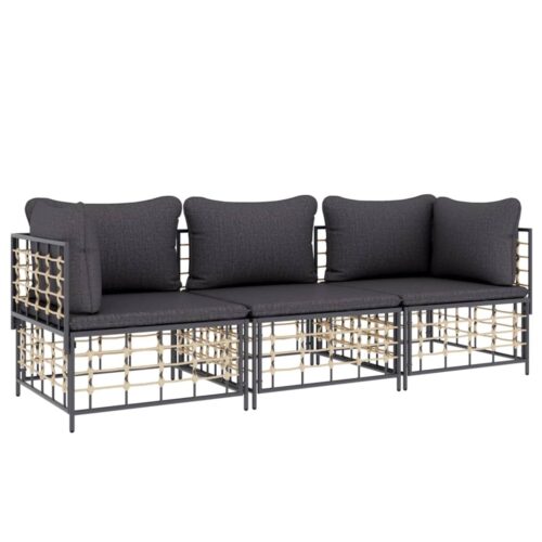 3-Piece Garden Lounge Set with Cushions Anthracite Poly Rattan - Image 3