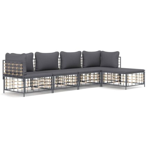 5-Piece Garden Lounge Set with Cushions Anthracite Poly Rattan