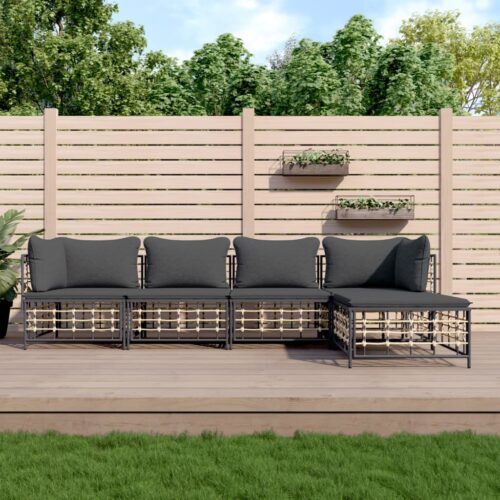 5-Piece Garden Lounge Set with Cushions Anthracite Poly Rattan - Image 2