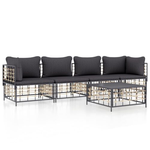 5-Piece Garden Lounge Set with Cushions Anthracite Poly Rattan