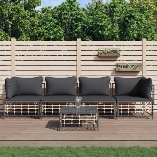 5-Piece Garden Lounge Set with Cushions Anthracite Poly Rattan - Image 2