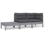 3-Piece Garden Lounge Set with Cushions Grey Solid Pinewood