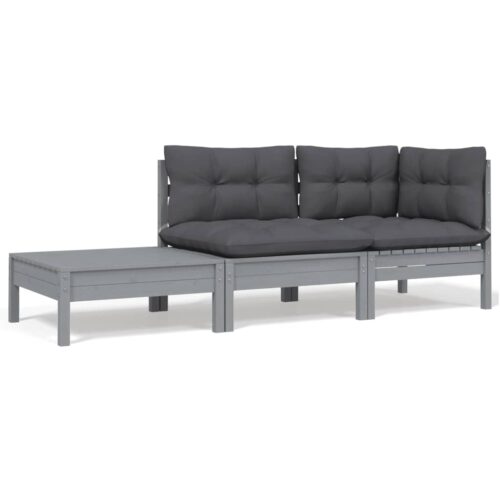 3-Piece Garden Lounge Set with Cushions Grey Solid Pinewood