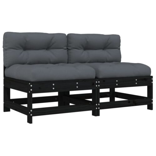 Middle Sofas with Cushions 2pcs Black Solid Wood Pine