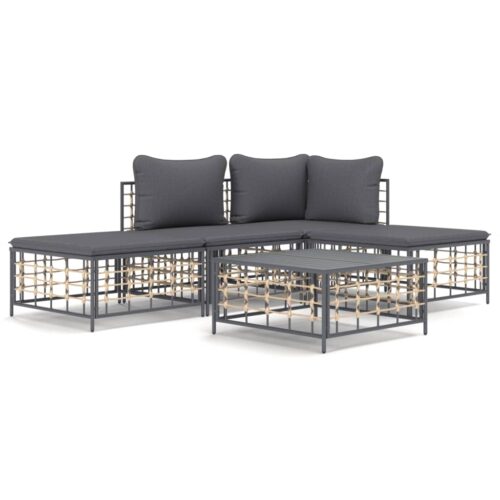5-Piece Garden Lounge Set with Cushions Anthracite Poly Rattan