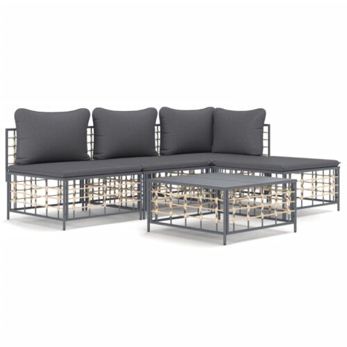 5-Piece Garden Lounge Set with Cushions Anthracite Poly Rattan