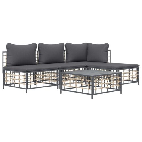 5-Piece Garden Lounge Set with Cushions Anthracite Poly Rattan - Image 3