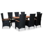 9-Piece Outdoor Dining Set with Cushions Poly Rattan Wicker Outdoor Patio Furniture Black