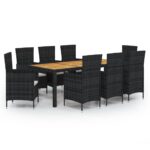 9-Piece Outdoor Dining Set with Cushions Poly Rattan Wicker Outdoor Patio Furniture Black