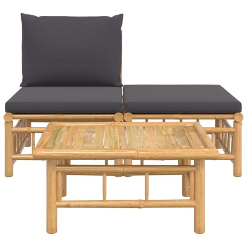 3-Piece Garden Lounge Set with Dark Grey Cushions Bamboo - Image 3