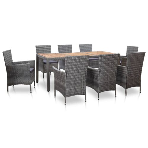 9-Piece Outdoor Dining Set with Cushions Poly Rattan Wicker Outdoor Patio Furniture Grey
