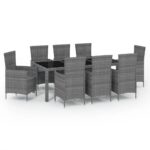 9-Piece Outdoor Dining Set with Cushions Poly Rattan Wicker Outdoor Patio Furniture Grey