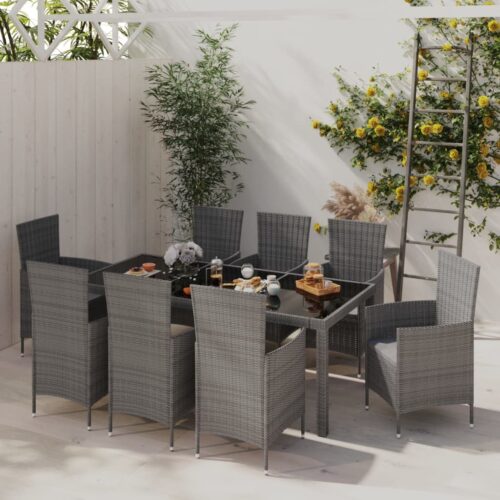9-Piece Outdoor Dining Set with Cushions Poly Rattan Wicker Outdoor Patio Furniture Grey - Image 2