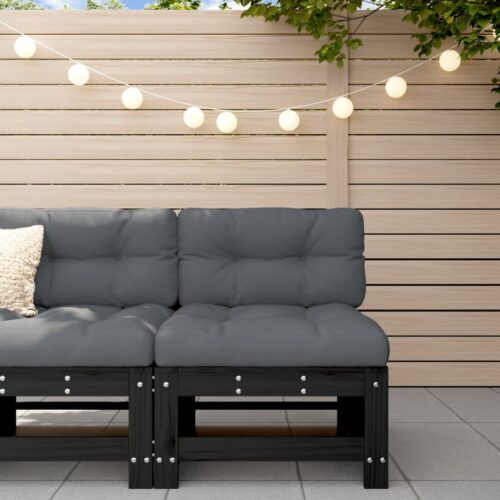 Middle Sofa with Cushions Black Solid Wood Pine - Image 2