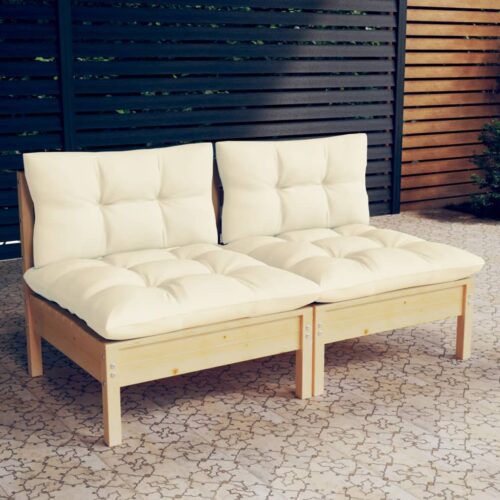 2-Seater Garden Sofa with Cream Cushions Solid Wood Pine - Image 2
