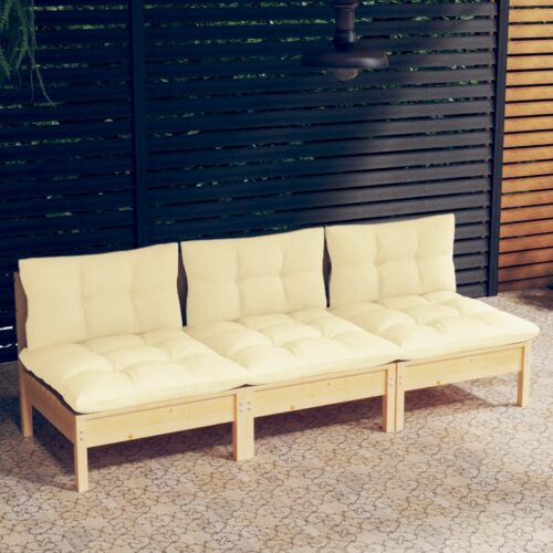 3-Seater Garden Sofa with Cream Cushions Solid Pinewood - Image 2