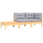 3-Piece Garden Lounge Set with Grey Cushions Solid Pinewood