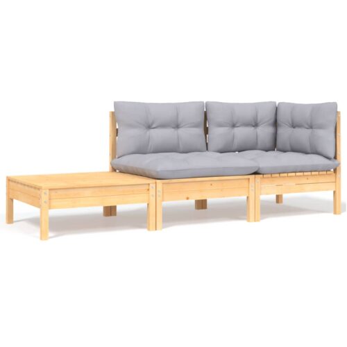 3-Piece Garden Lounge Set with Grey Cushions Solid Pinewood - Image 2