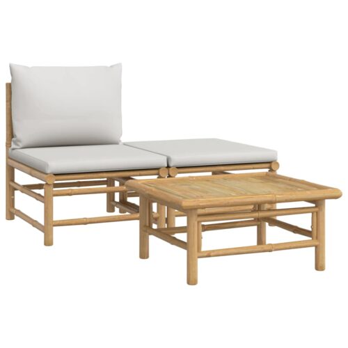 3-Piece Garden Lounge Set with Grey Cushions Bamboo
