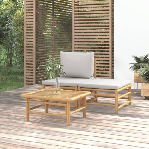 3-Piece Garden Lounge Set with Grey Cushions Bamboo - Image 2
