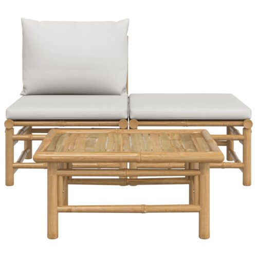 3-Piece Garden Lounge Set with Grey Cushions Bamboo - Image 3